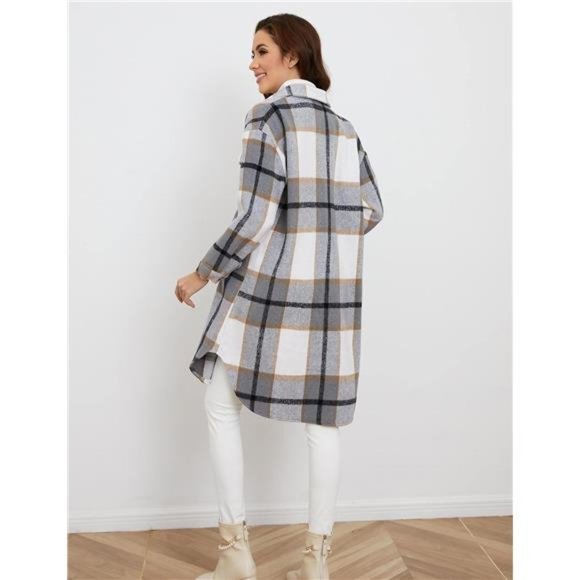 Women Plaid Shacket Brushed Flannel Shirt Jacket Mid Long Wool Blend Tartan Coat - Picture 3 of 7